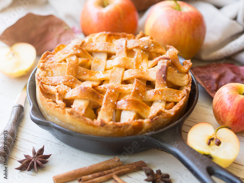 Bild auf Leinwand Golden brown apple pie pastry in autumn season.