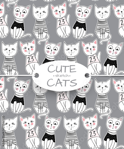 Vector funny cat seamless pattern. Cute kitten hand drawn illustration. Stylish cartoon animals background. Ideal for fabric, wallpaper, wrapping paper, textile, bedding, t-shirt print.