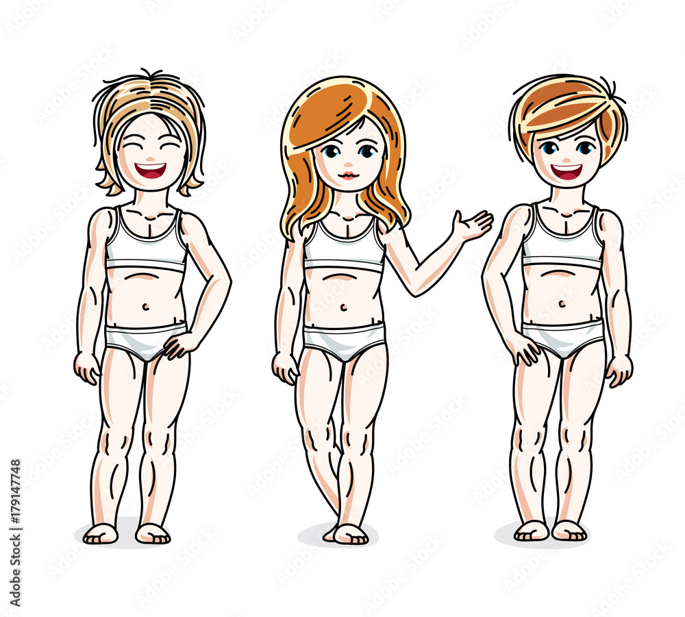 Different little girls cute children standing in white underwear. Vector kids illustrations set. Different little girls cute children standing in white underwear. Vector kids illustrations set.