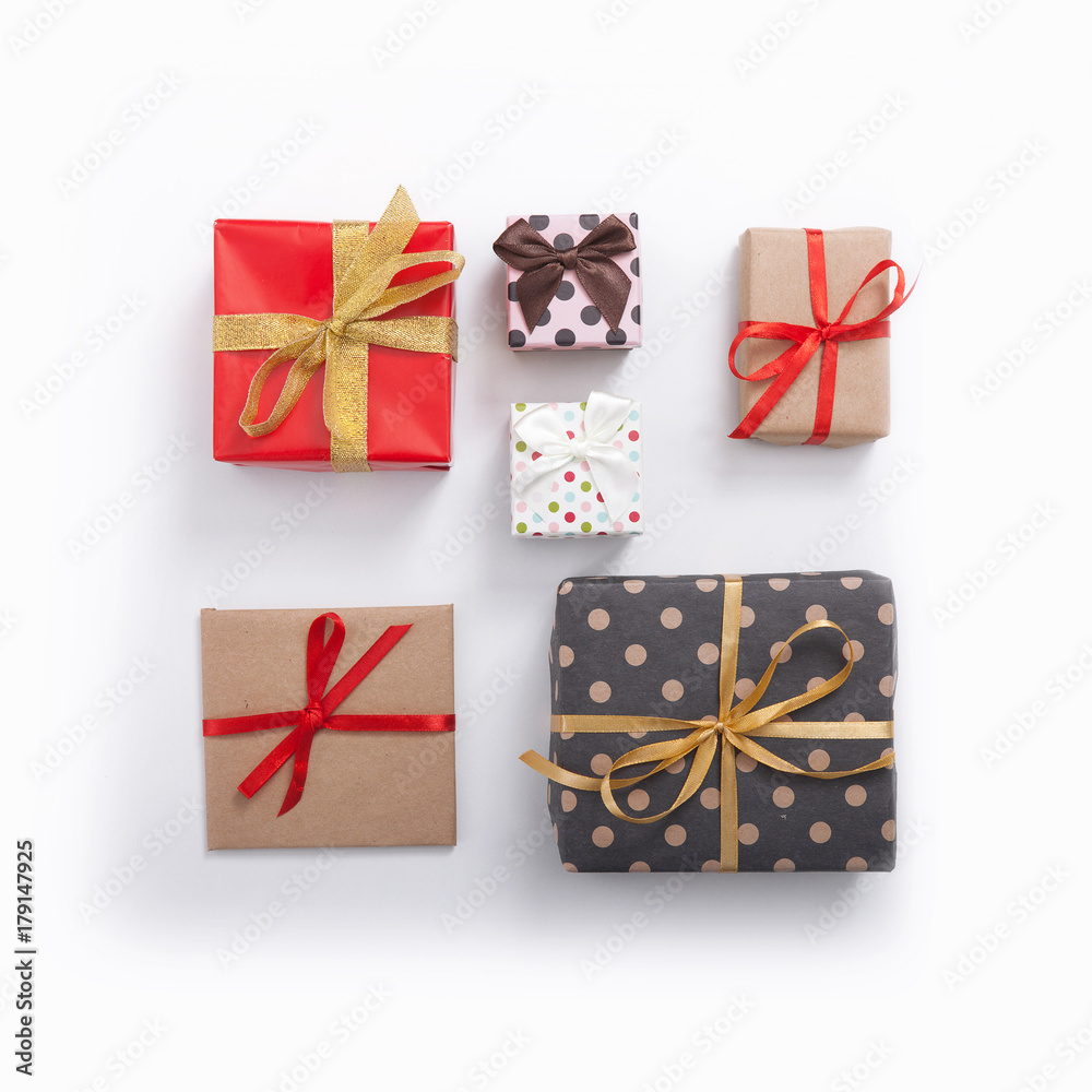Gift boxes isolated on white background top view. Wedding invitation, greeting card for Mother's Gift boxes isolated on white background top view. Wedding invitation, greeting card for Mother's
