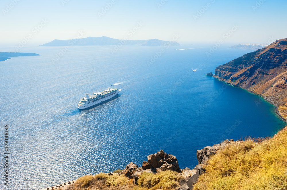 Cruise ship at the sea near the Greek Islands.