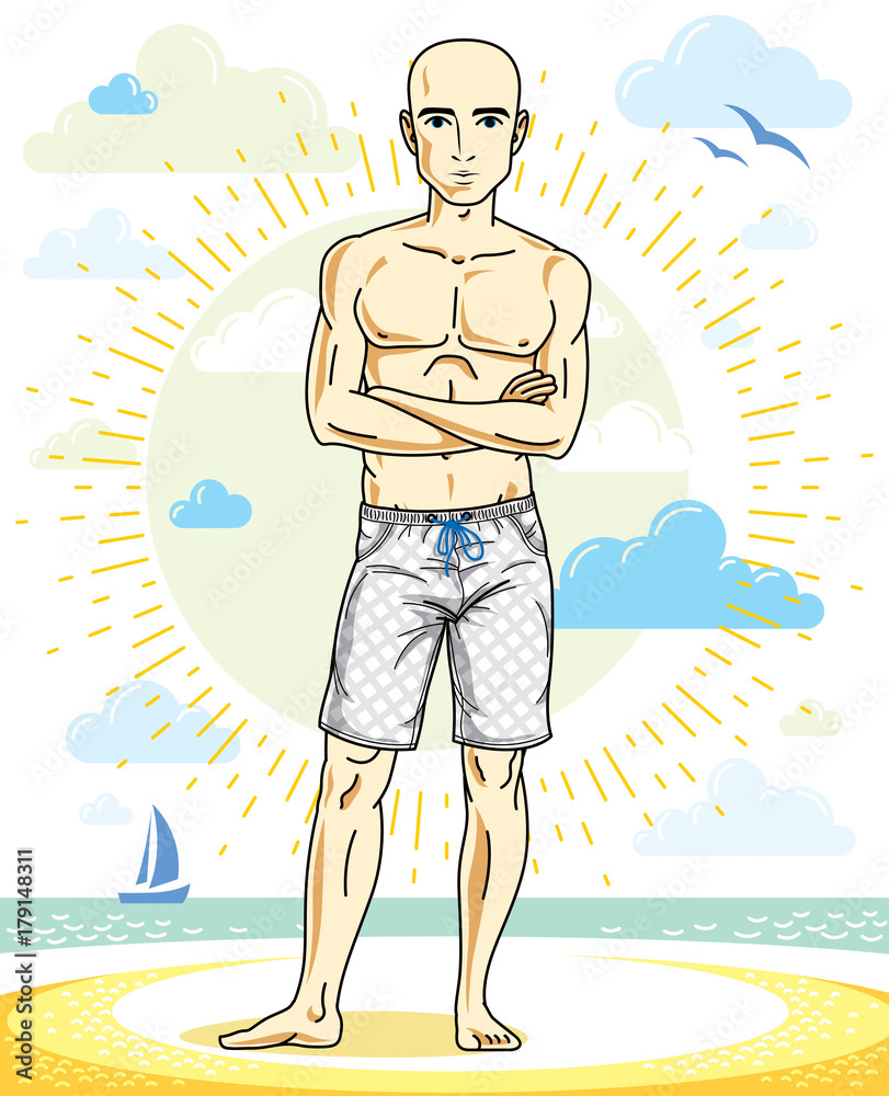 Handsome bald man posing on tropical beach in colorful shorts. Vector character. Summer holidays theme.