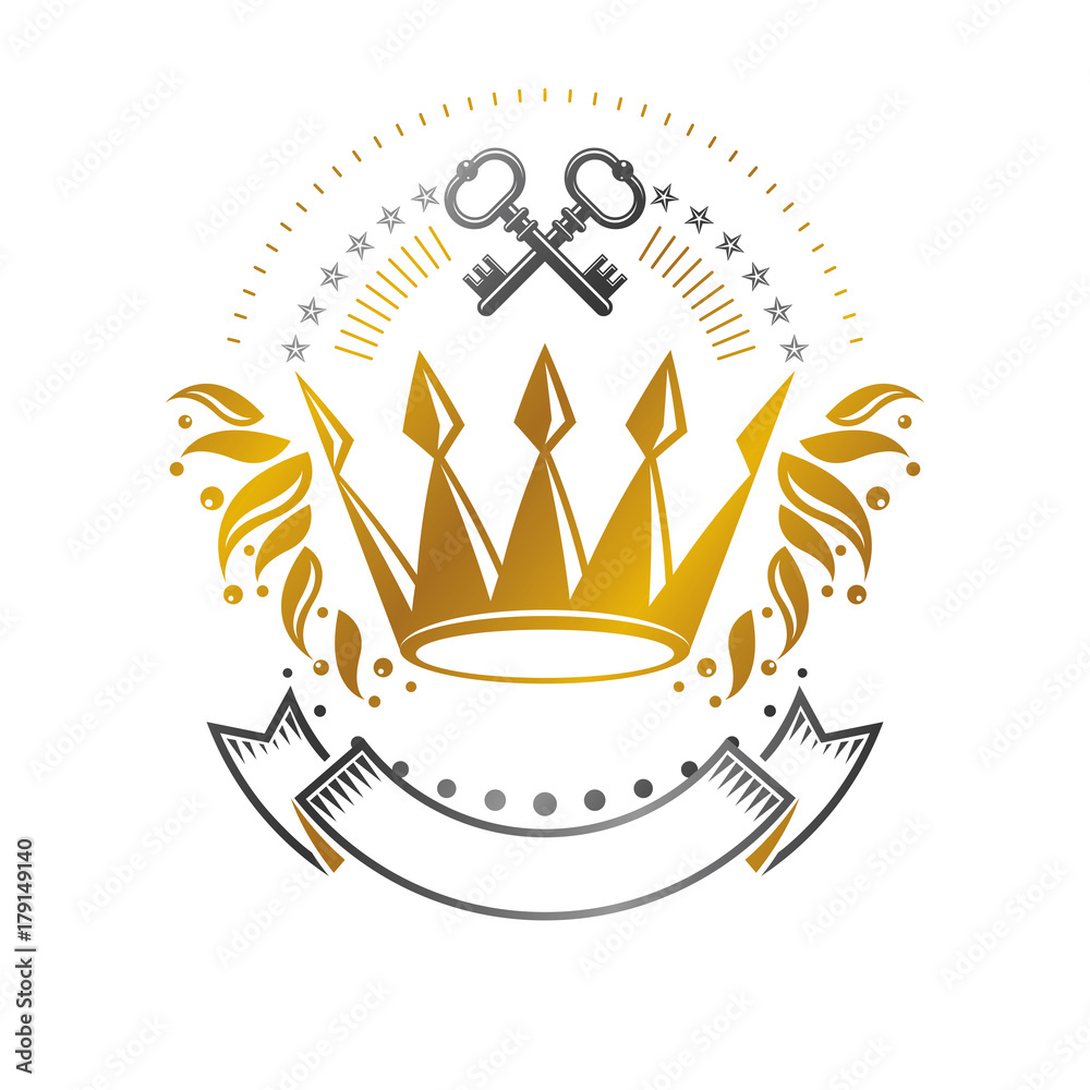 Majestic Crown emblem. Heraldic Coat of Arms decorative logo isolated vector illustration. Ornate logotype on white background.