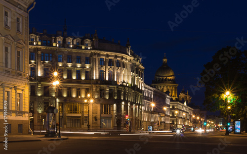 Night shot of the beginning of Nevsky and Admiralteysky Prospects, the Saint Isaac's Cathedral or Isaakievskiy Sobor in the city of St. Petersburg, Russia. White nights.