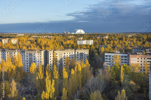 Vew from roof of 16-storied apartment house in Pripyat town, Chernobyl Nuclear Power Plant Zone of Alienation, Ukraine at autumn time