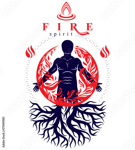 Vector illustration of human being created with tree roots. Human and nature harmony, fire man covered with a fireball.