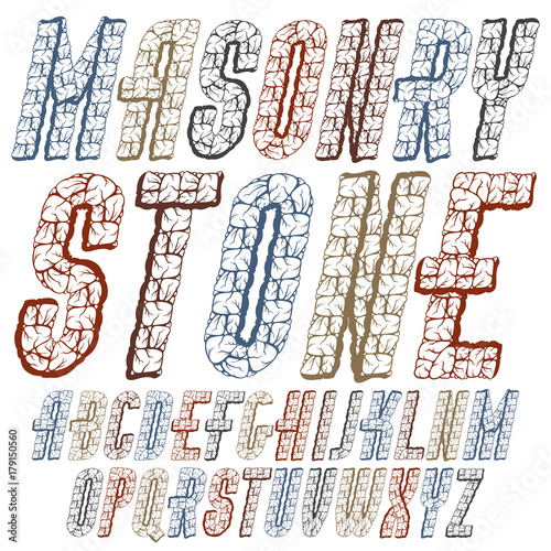 Vector trendy ancient capital English alphabet letters collection. Bold condensed italic font, typescript can be used in art creation. Created using dimensional masonry design.