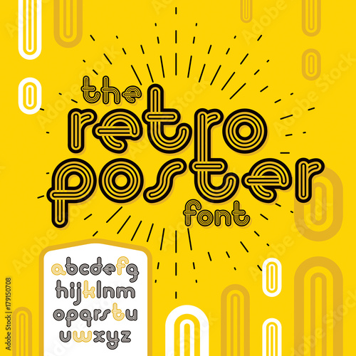 Vector lowercase funky disco alphabet letters set. Trendy font, typescript for use in logo creation. Made with triple stripy decoration.