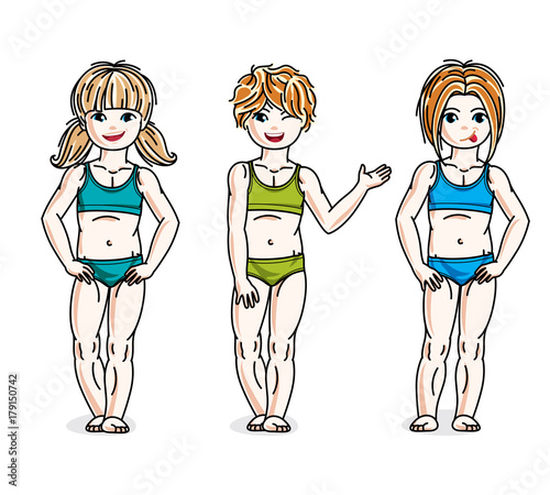 Little girls group standing wearing colorful bikini. Vector set of beautiful kids illustrations.