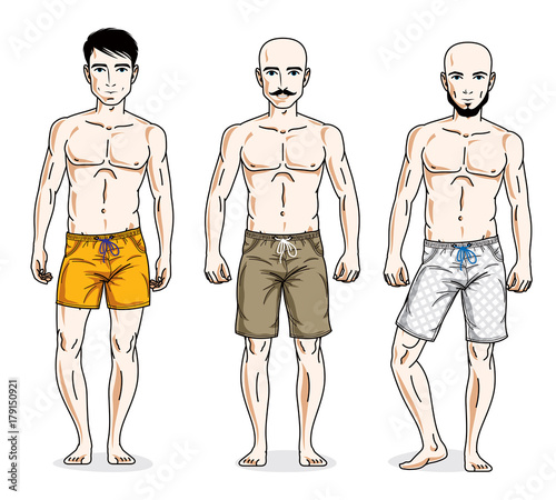 Happy men standing in colorful beach shorts. Vector different people characters set. Lifestyle theme male characters.