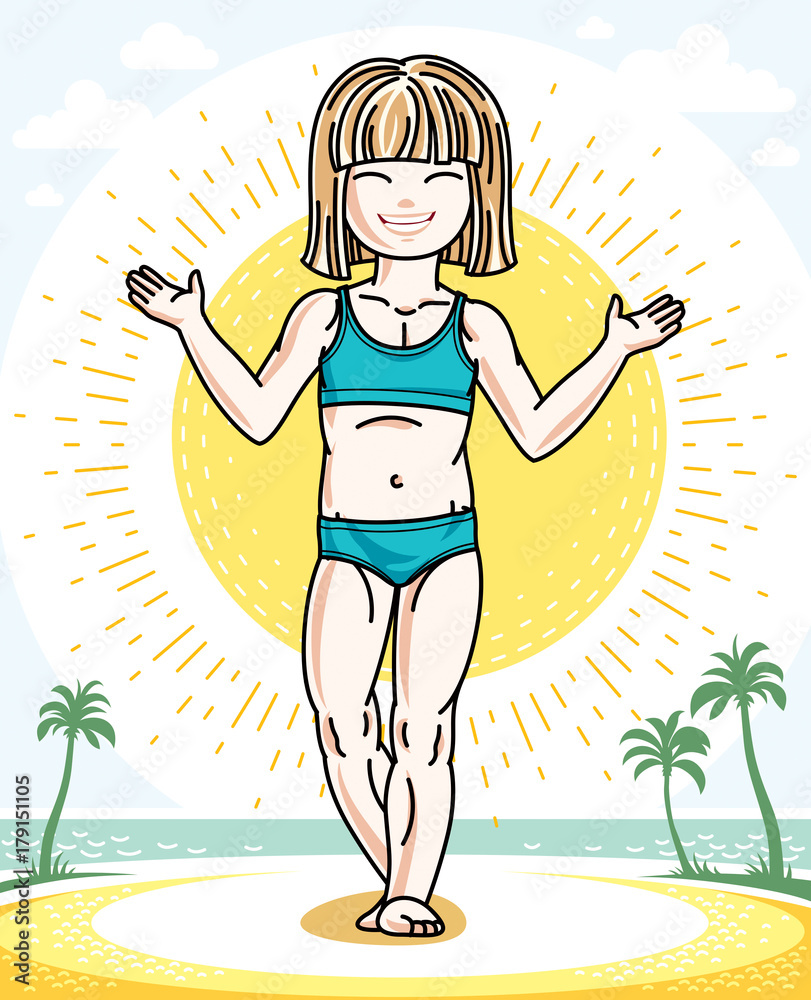 Cute little blonde girl standing on tropical beach with palms. Vector human illustration wearing colorful bathing suit.