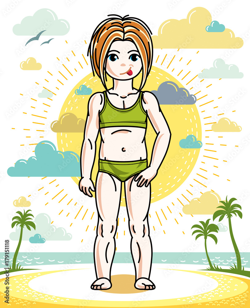Little red-haired girl cute child standing on tropical beach with palms. Vector pretty nice human illustration. Summertime and vacation theme.