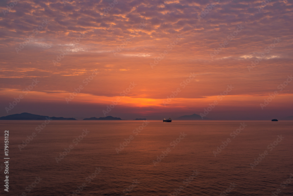 Red sunrise over Korean coast