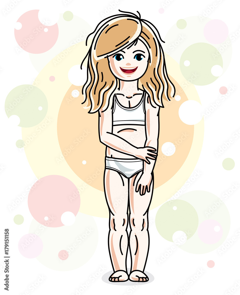 Beautiful happy little blonde girl in underwear posing on colorful backdrop with bubbles and circles. Vector attractive kid illustration. Beautiful happy little blonde girl in underwear posing on colorful backdrop with bubbles and circles. Vector attractive kid illustration.