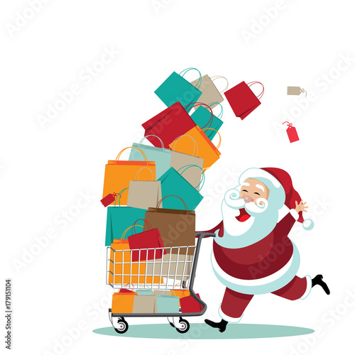 cartoon Santa Claus pushing a shopping cart full of gifts. EPS 10 vector.