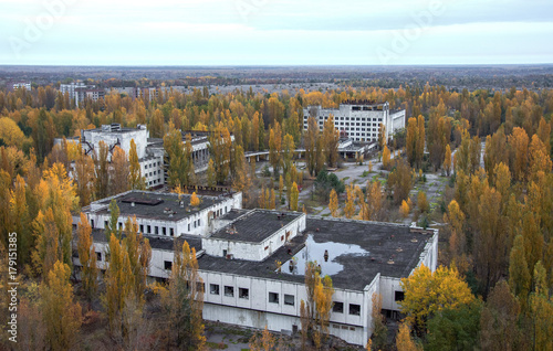 Abandoned Pripyat city in Chernobyl Exclusion Zone at autumn time