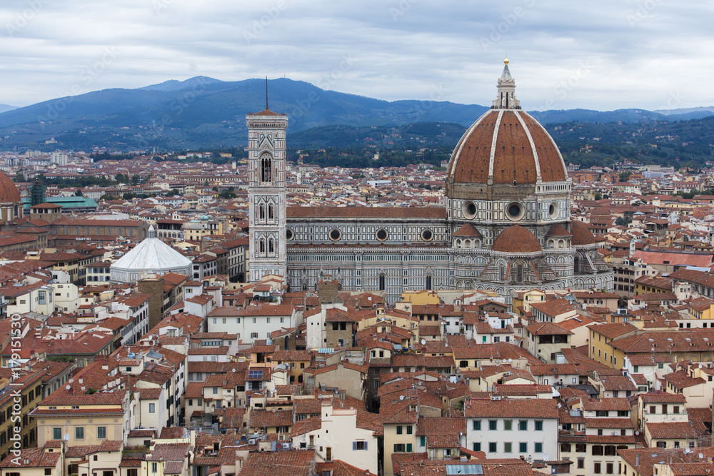 Panorama of the city historical center with Cathedral of Saint Mary of the Flowers (Cattedrale di Santa Maria del Fiore), UNESCO World Heritage site. Florence, Tuscany, Italy. A top view.