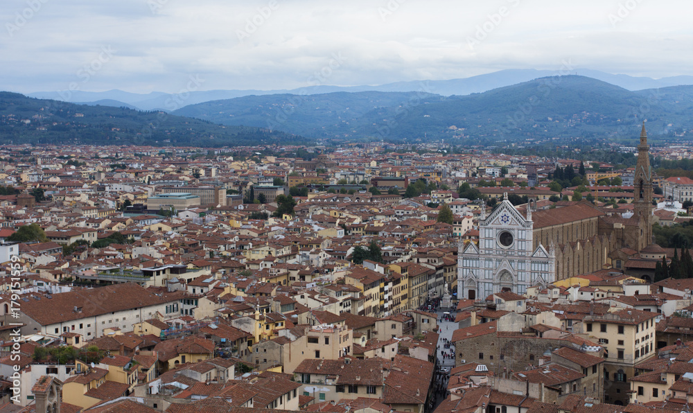 Panorama of city historical center with Basilica di Santa Croce di Firenze, Florence, Tuscany, Italy
