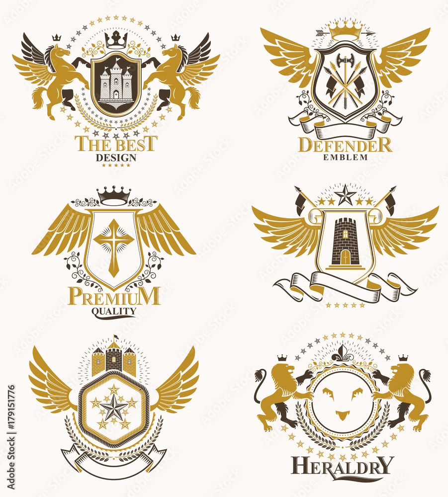 Vector classy heraldic Coat of Arms. Collection of blazons stylized in vintage design and created with graphic elements, royal crowns and flags, stars, towers, armory, religious crosses. Vector classy heraldic Coat of Arms. Collection of blazons stylized in vintage design and created with graphic elements, royal crowns and flags, stars, towers, armory, religious crosses.