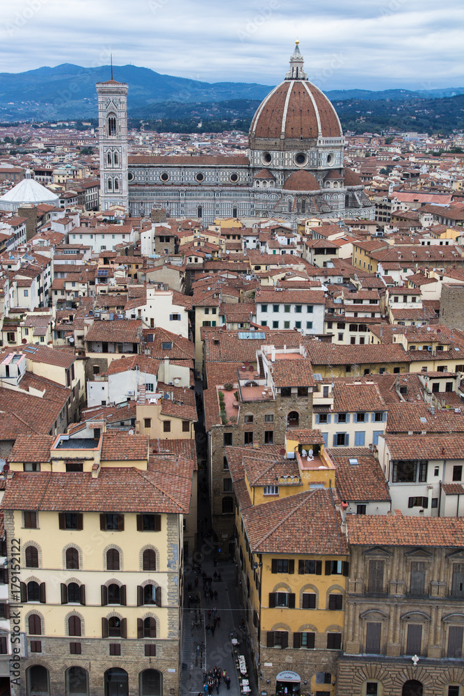 Panorama of the city historical center with Cathedral of Saint Mary of the Flowers (Cattedrale di Santa Maria del Fiore), UNESCO World Heritage site. Florence, Tuscany, Italy. A top view.
