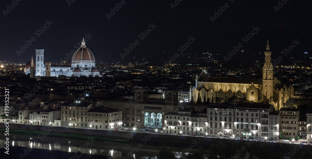 Night view to Florence, Italy, Duomo cathedral and Basilica di Santa Croce di Firenze