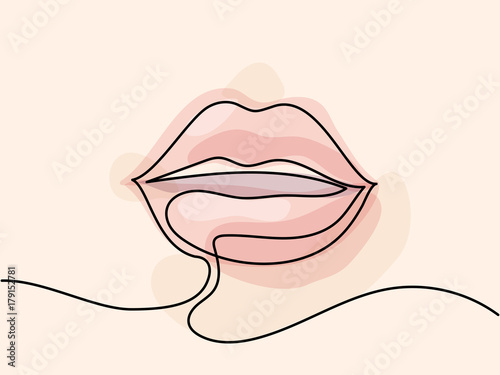 Continuous line drawing. Beautiful Woman s lips logo. Pastel soft color outline vector illustration. Concept for logo, card, banner, poster, flyer photo