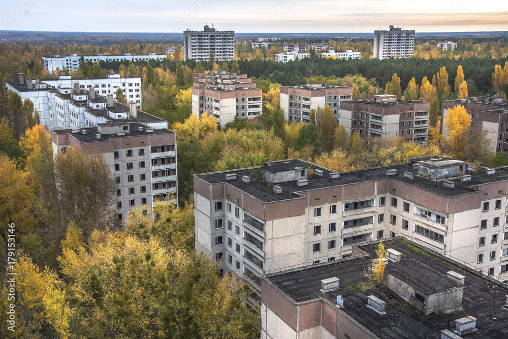 Obraz premium Vew from roof of 16-storied apartment house in Pripyat town, Chernobyl Nuclear Power Plant Zone of Alienation, Ukraine at autumn time