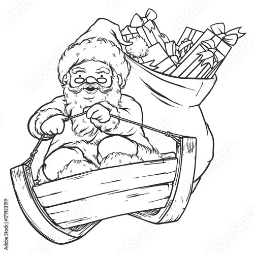 Santa Claus Leading a Wood Sleigh with a Bag full of Gifts, Christmas Character Design, Coloring Page, Vector Illustration