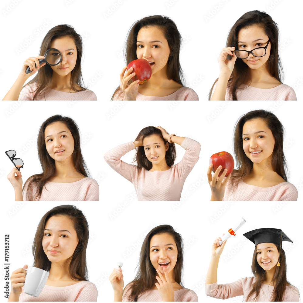 Schoolgirl isolated on the white collage Schoolgirl isolated on the white collage