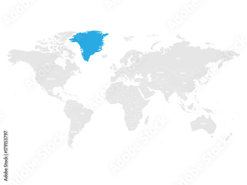 Fototapeta Naklejka Na Ścianę i Meble -  Greenland, autonomous constituent country of Denmark, marked by blue in grey World political map. Vector illustration.
