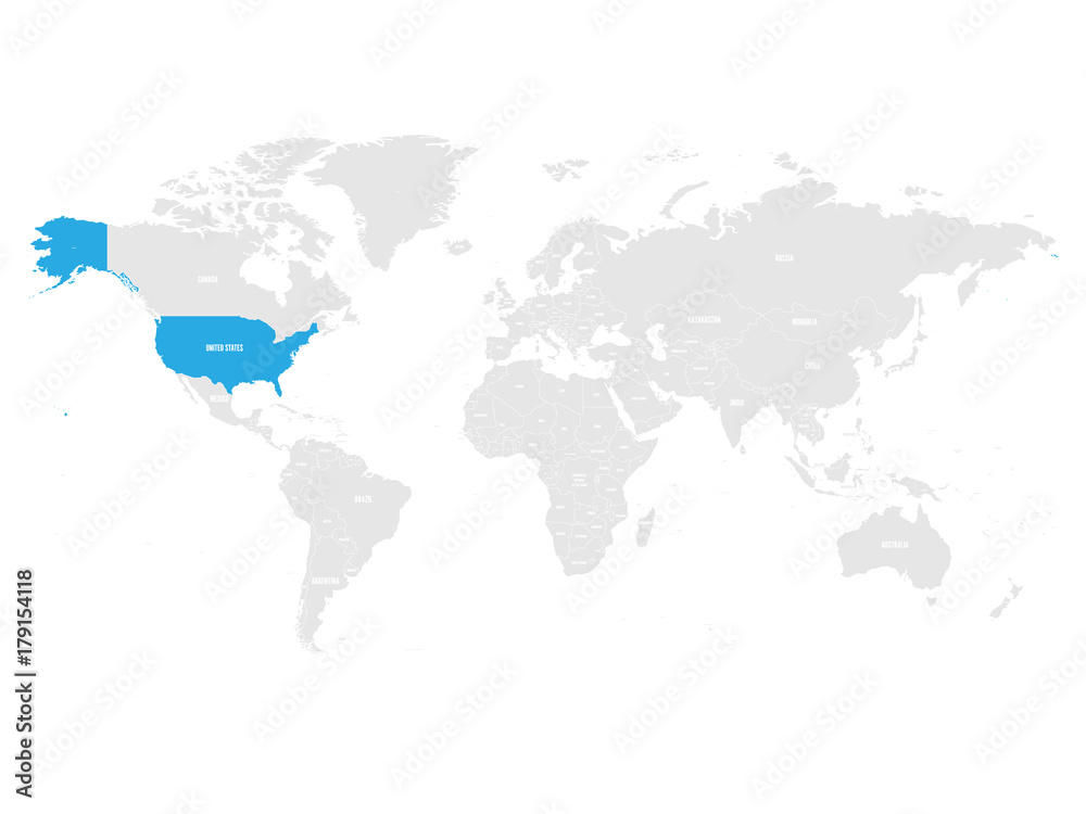 United States of America marked by blue in grey World political map. Vector illustration.