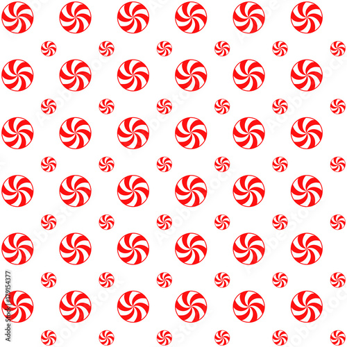 Christmas Peppermints Candy Seamless Vector Pattern. Big and Small Red White Swirls on White Background. Rows and Columns Polka Dot Pattern. Tile Swatch Made with Global Colors.