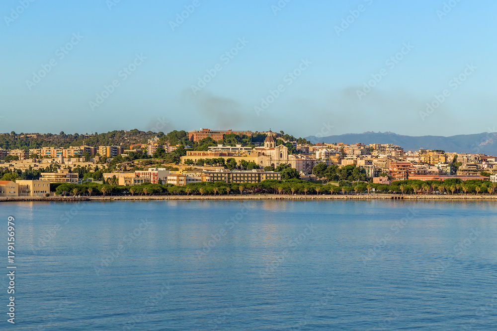 Cagliari, Sardinia, Italy. View from the sea at sunset