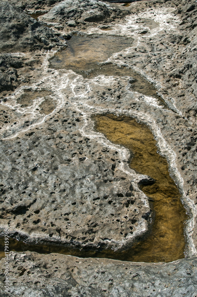 Surface of coastal eroded sea rocks with sedimentary seawater closeup as natural background