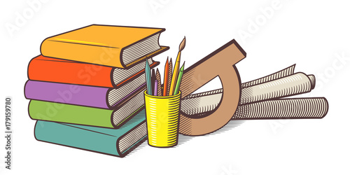 Still life with stationary items. Retro-style colored vector illustration. Pile of books, pencils and pens in a cup, protractor and paper rolls