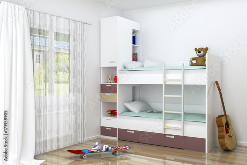 Realistic 3D rendering. Modern kids bedroom furniture design. Bunk bed with decorations. The guitar is by the bed. Skate on the floor. There is also window with curtains with beautiful view.