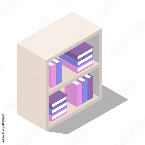 bookcase with shelves. The book stacks on the shelves in isometric view. standing and lying in the stacks of books on the shelves. Vector illustration isolated from background