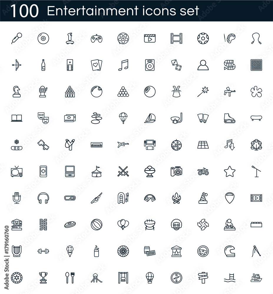 Entertainment icon set with 100 vector pictograms. Simple outline fun icons isolated on a white background. Good for apps and web sites.