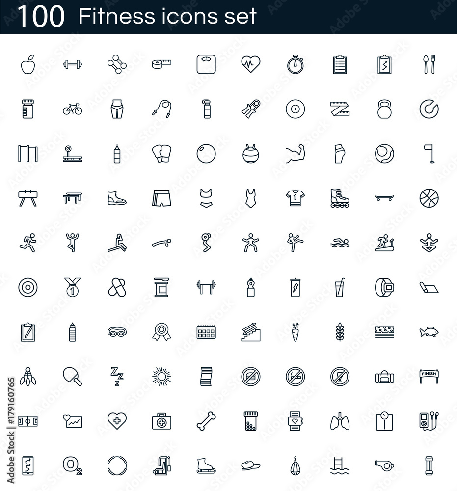 Vetor de Fitness icon set with 100 vector pictograms. Simple outline gym  icons isolated on a white background. Good for apps and web sites. do Stock
