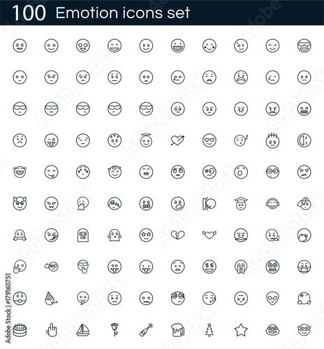 Emotion icon set with 100 vector pictograms. Simple outline smile icons isolated on a white background. Good for apps and web sites.