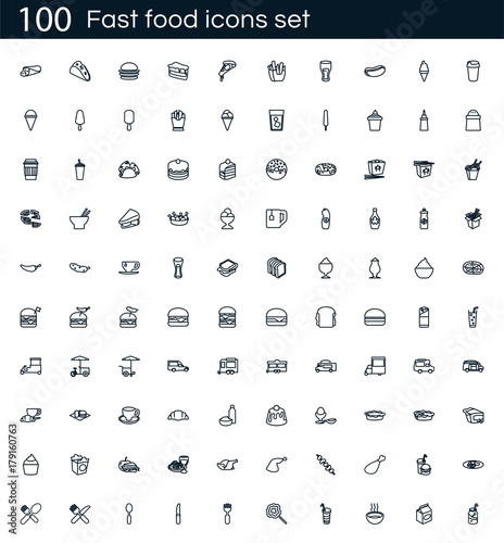 Fast food icon set with 100 vector pictograms. Simple outline restaurant icons isolated on a white background. Good for apps and web sites.
