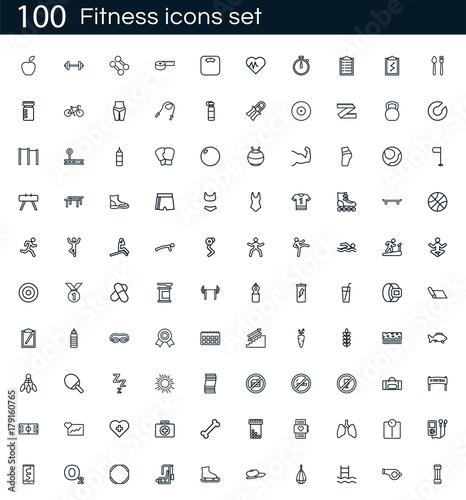 Fitness icon set with 100 vector pictograms. Simple outline gym icons isolated on a white background. Good for apps and web sites.