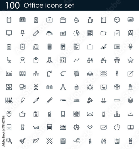 Office icon set with 100 vector pictograms. Simple outline business icons isolated on a white background. Good for apps and web sites.