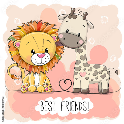Fototapeta Naklejka Na Ścianę i Meble -  Cute Lion and Giraffel on a pink background