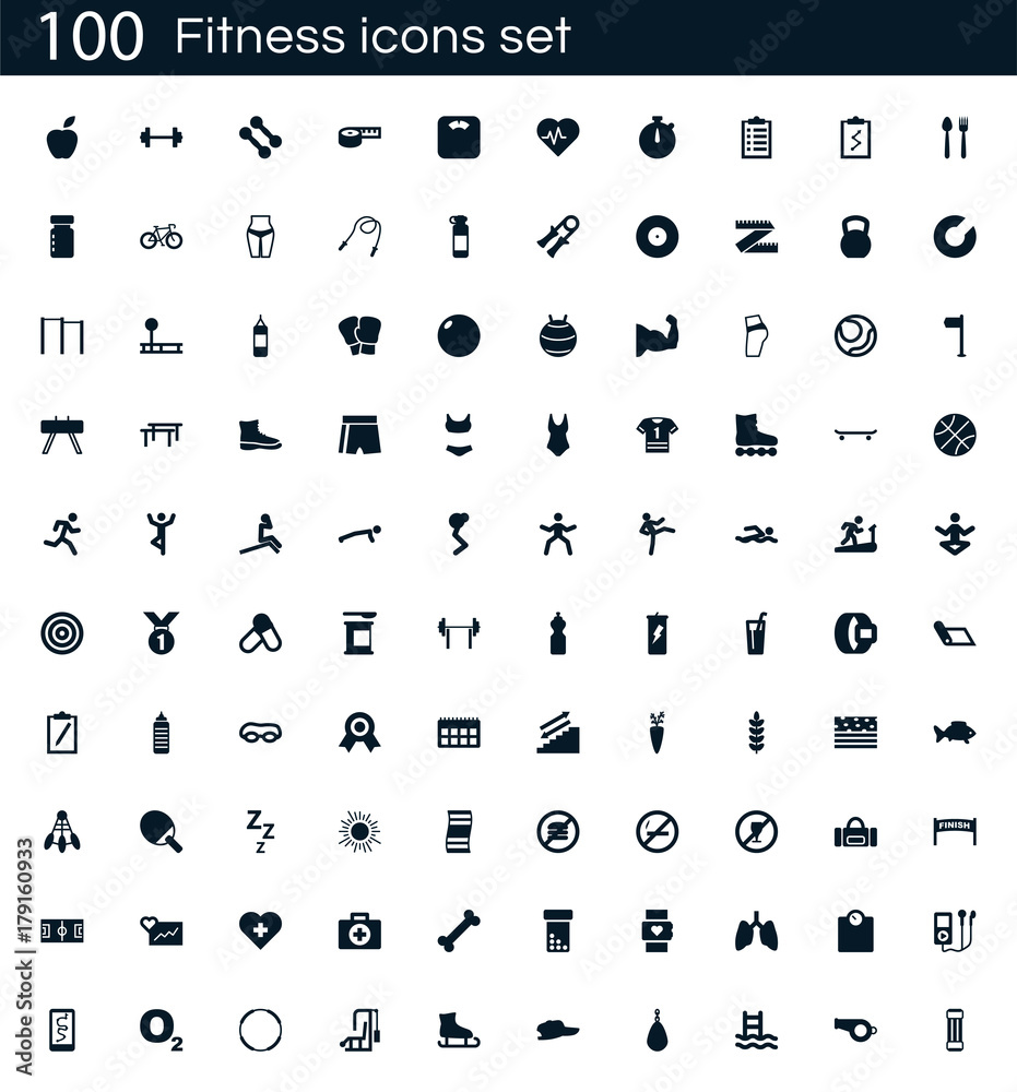 Fitness icon set with 100 vector pictograms. Simple filled gym