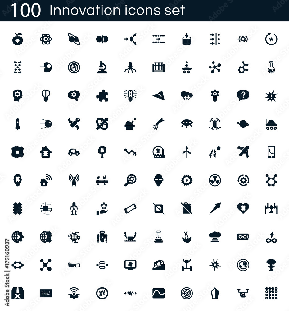Innovation icon set with 100 vector pictograms. Simple filled technology icons isolated on a white background. Good for apps and web sites. Innovation icon set with 100 vector pictograms. Simple filled technology icons isolated on a white background. Good for apps and web sites.