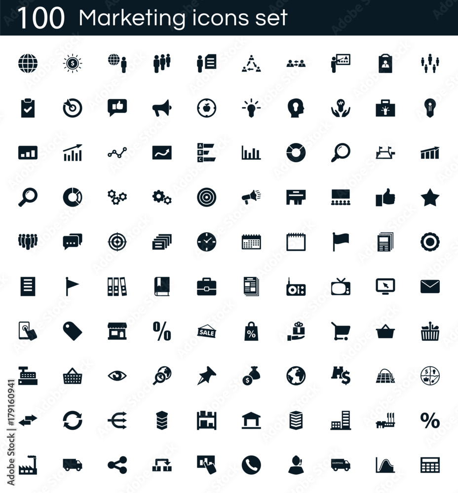 Marketing icon set with 100 vector pictograms. Simple filled business icons isolated on a white background. Good for apps and web sites.