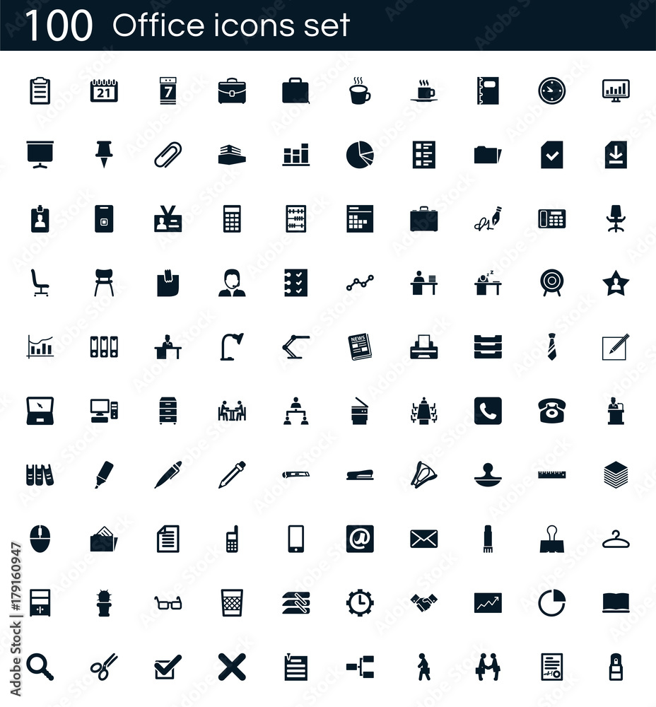 Office icon set with 100 vector pictograms. Simple filled business icons isolated on a white background. Good for apps and web sites.