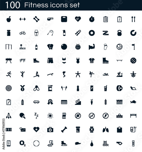 Fitness icon set with 100 vector pictograms. Simple filled gym icons isolated on a white background. Good for apps and web sites.
