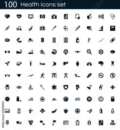 Health icon set with 100 vector pictograms. Simple filled medical icons isolated on a white background. Good for apps and web sites.